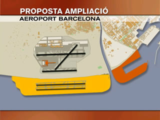 Grfic publicat a la web de TV3 sobre la proposta de l'enginyer aeronutic Juan Antonio de Andrs i recolzada per FemCAT per ampliar l'aeroport del Prat amb dues noves pistes sobre el mar (Juny 2008)